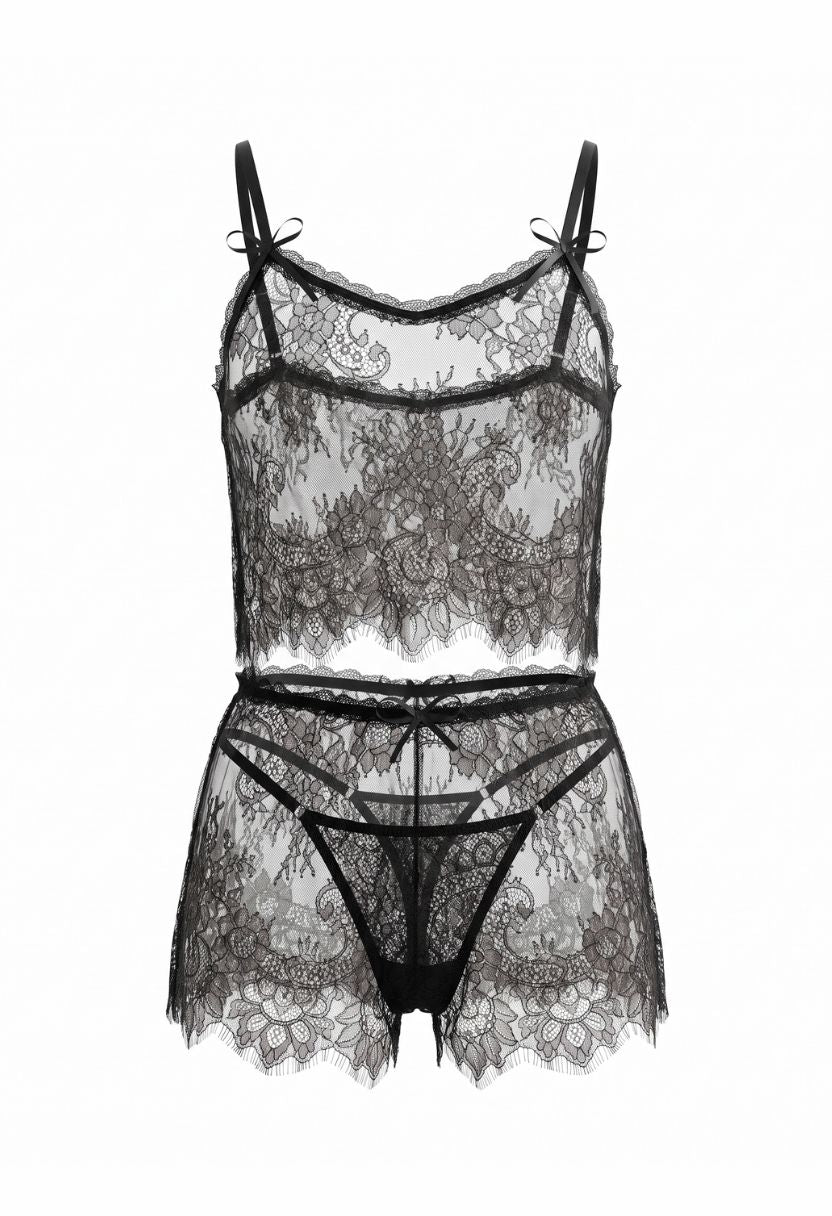 Chiara Lace Cami, Shorts & Thong Set Black