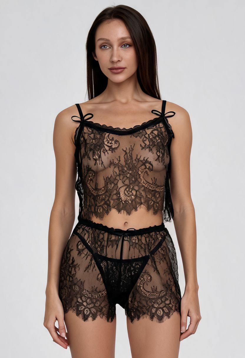 Chiara Lace Cami, Shorts & Thong Set Black