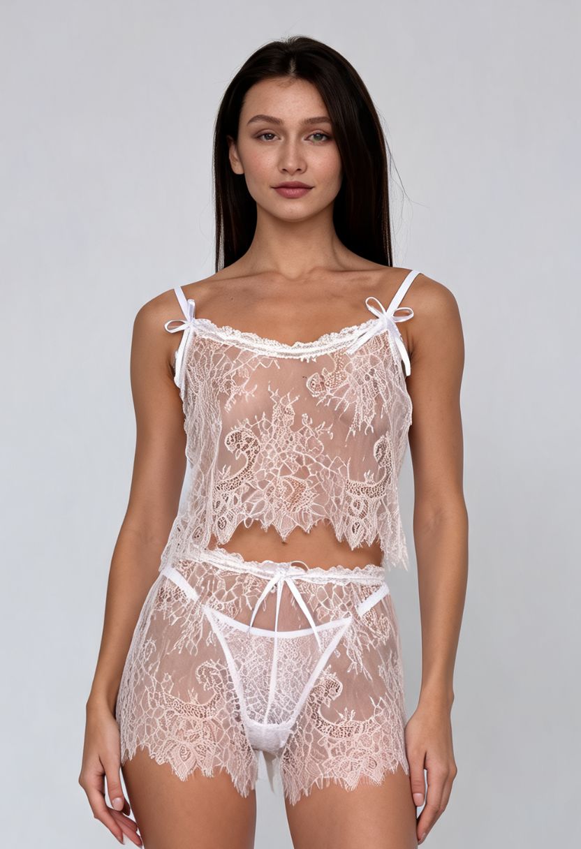 Chiara Lace Cami, Shorts & Thong Set White