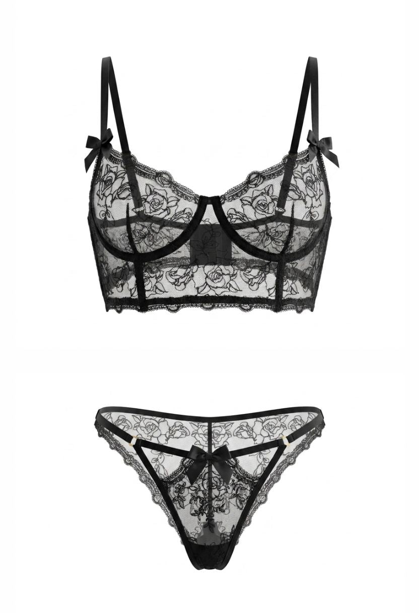 Cleo black lace longline bra and bikini set on ghost mannequin
