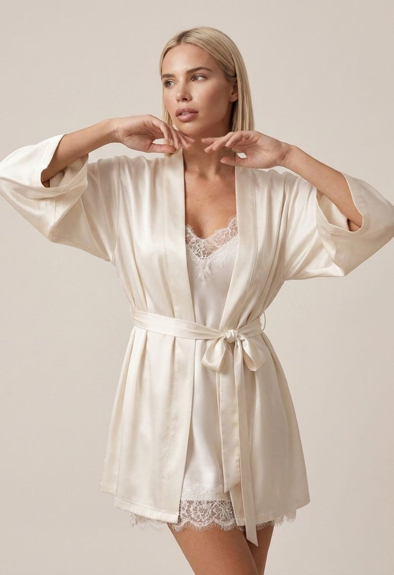 Grace ivory satin kimono robe with Grace lace-trim satin chemise on model, front view