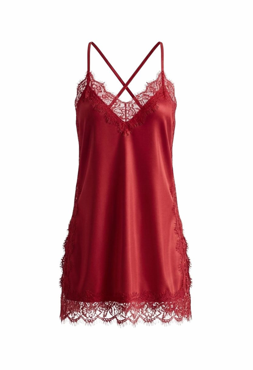 Grace Lace-Trim Satin Chemise Red