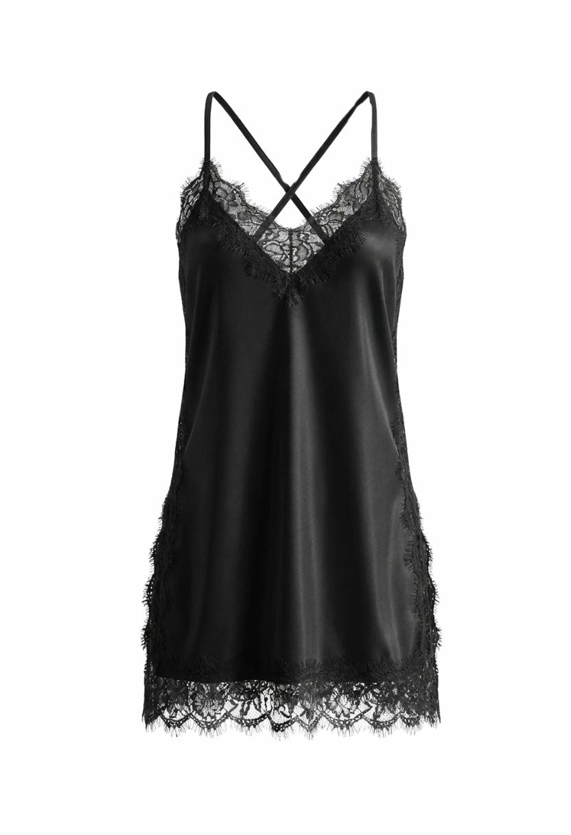Grace Lace-Trim Satin Chemise Black