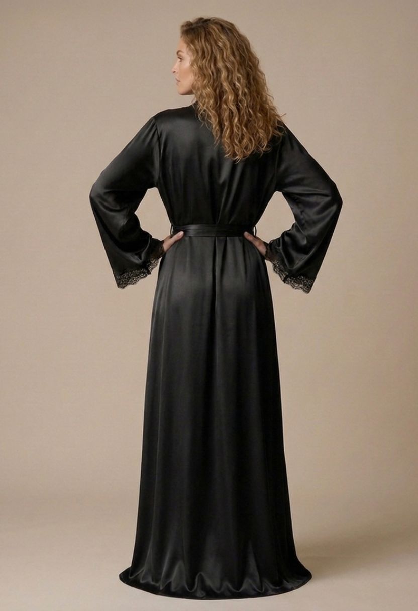 Adeline Long Lace-Trim Satin Robe Black