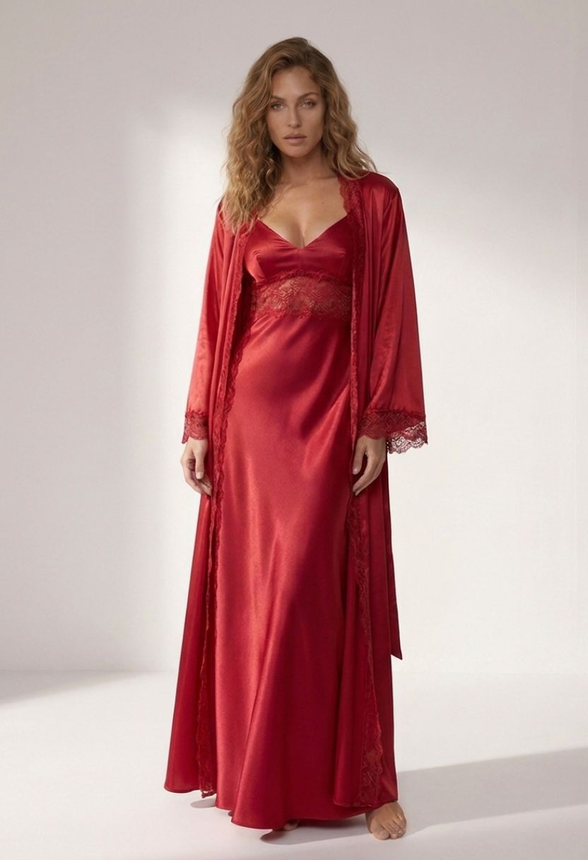 Adeline Long Lace-Trim Satin Robe Red