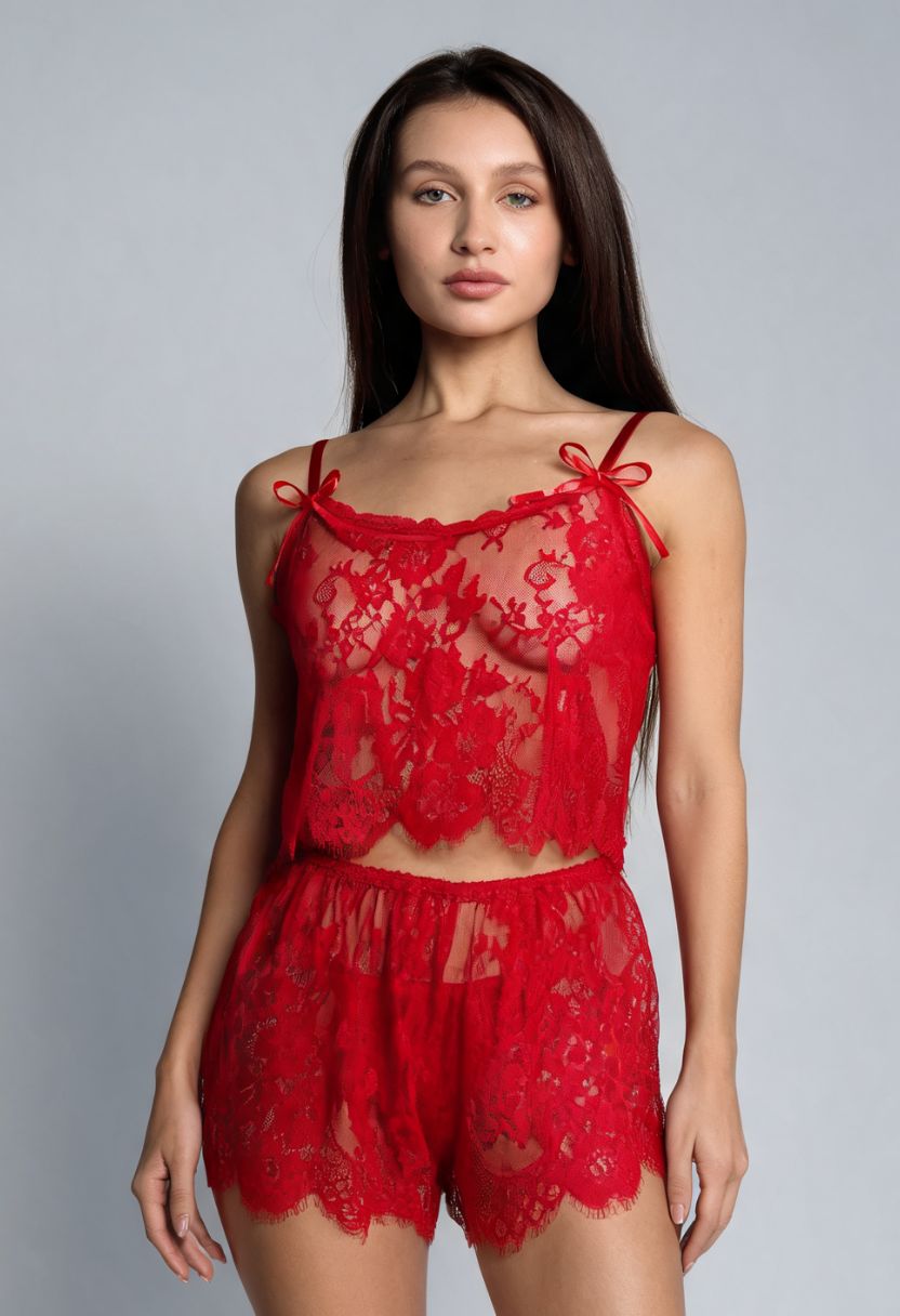 Chiara Lace Cami, Shorts & Thong Set Red