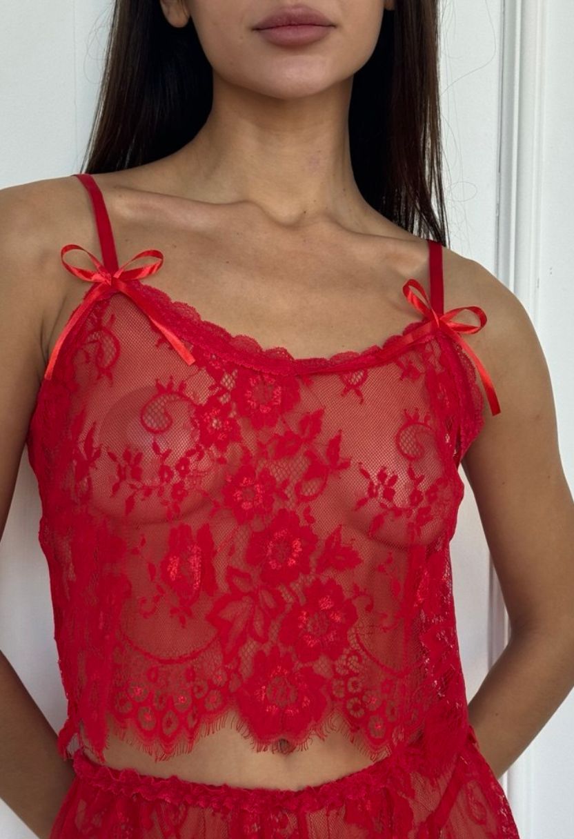 Chiara Lace Cami, Shorts & Thong Set Red
