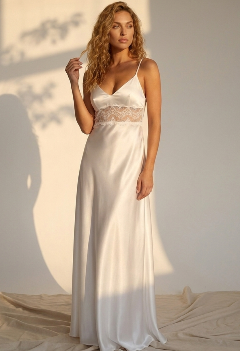 Adeline Lace-Trim Satin Nightgown Ivory