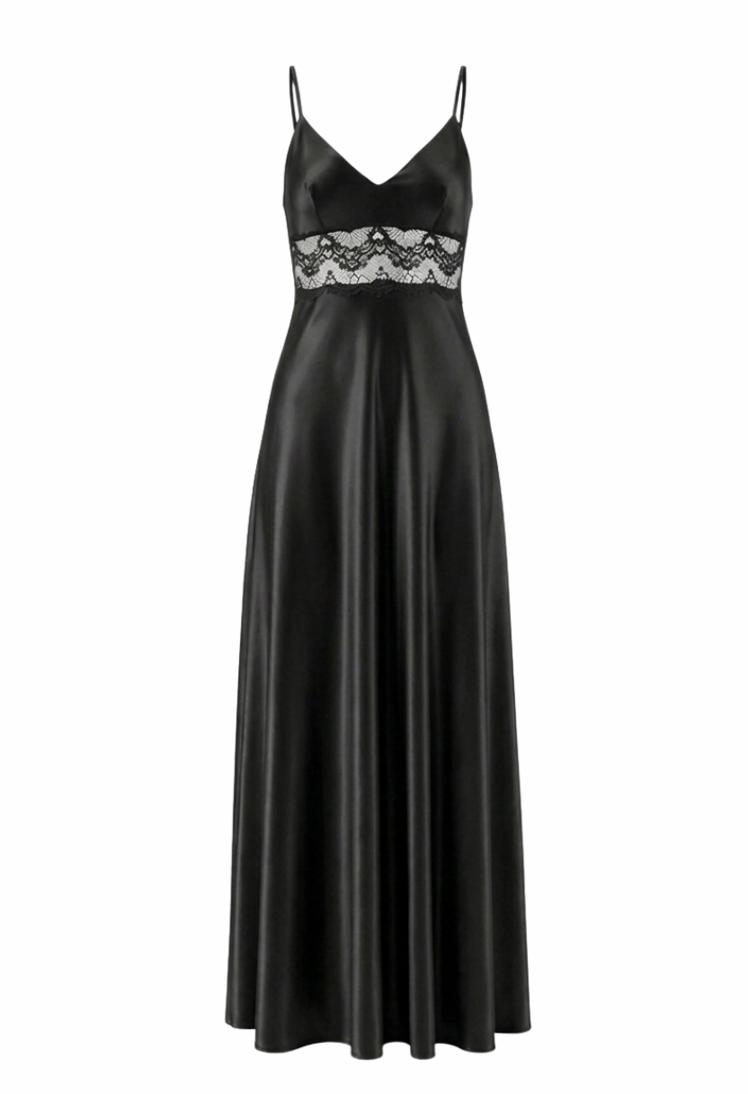Adeline Lace-Trim Satin Nightgown Black