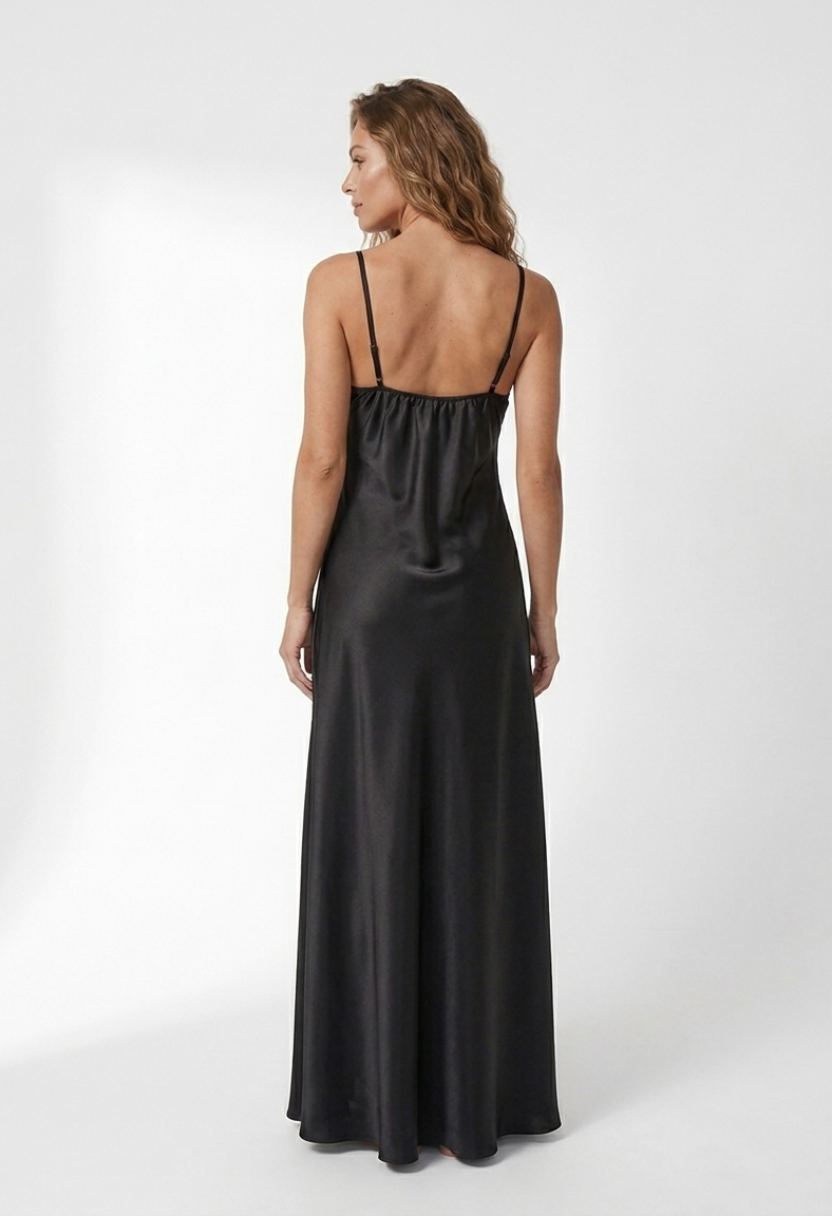 Adeline Lace-Trim Satin Nightgown Black