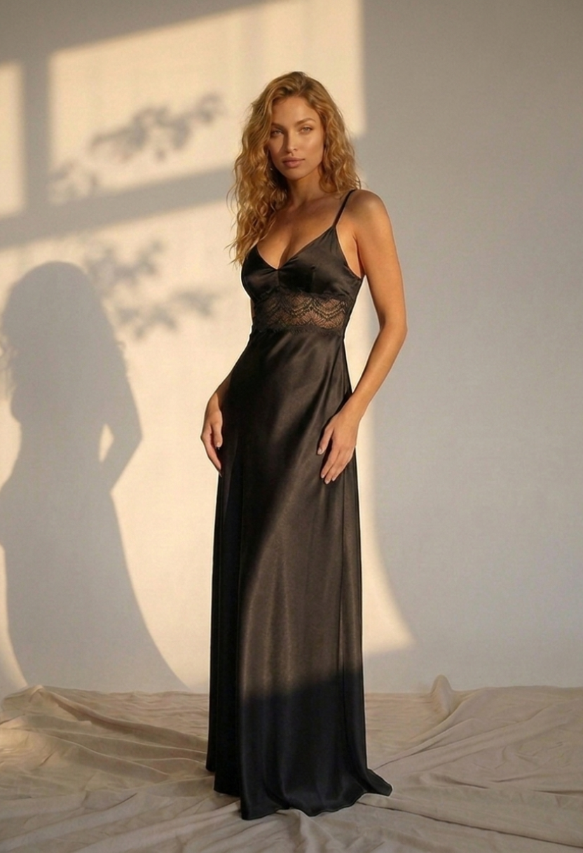 Adeline Lace-Trim Satin Nightgown Black