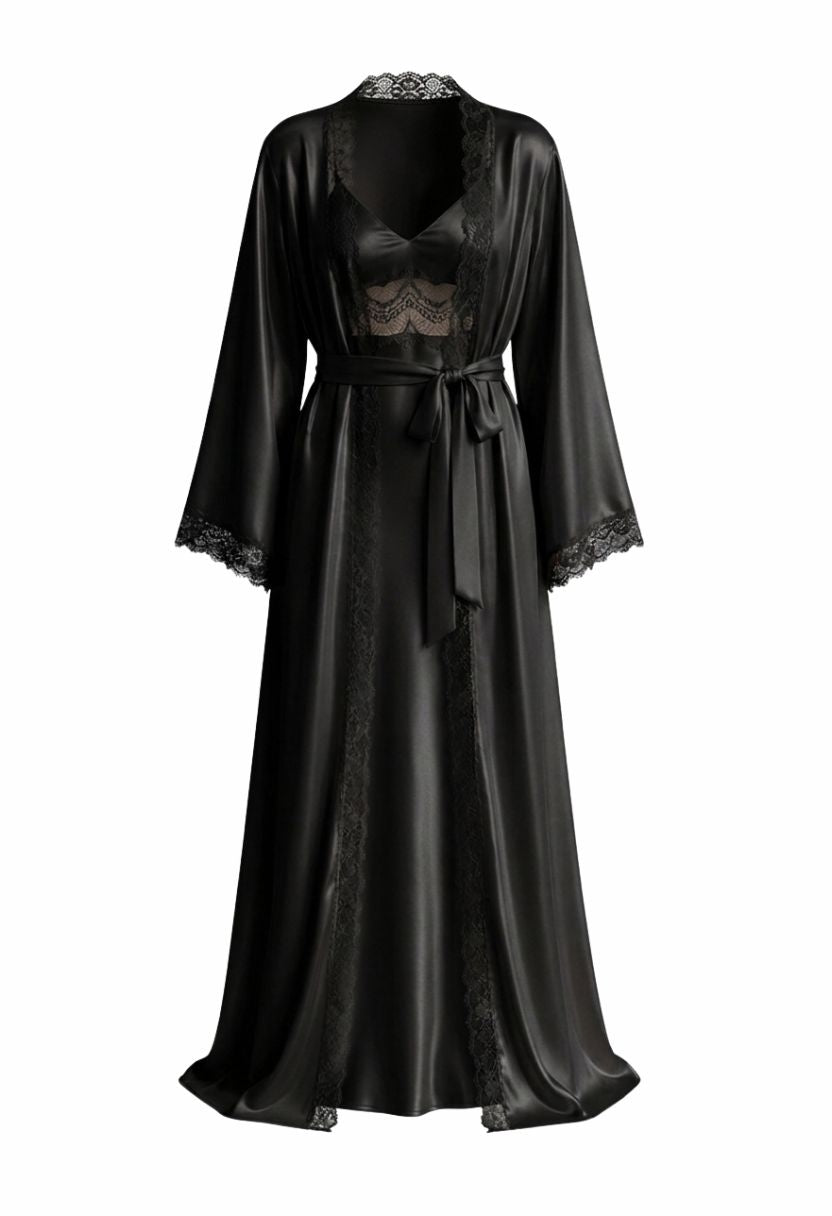 Adeline black satin robe with Adeline lace-trim satin nightgown, ghost mannequin front view