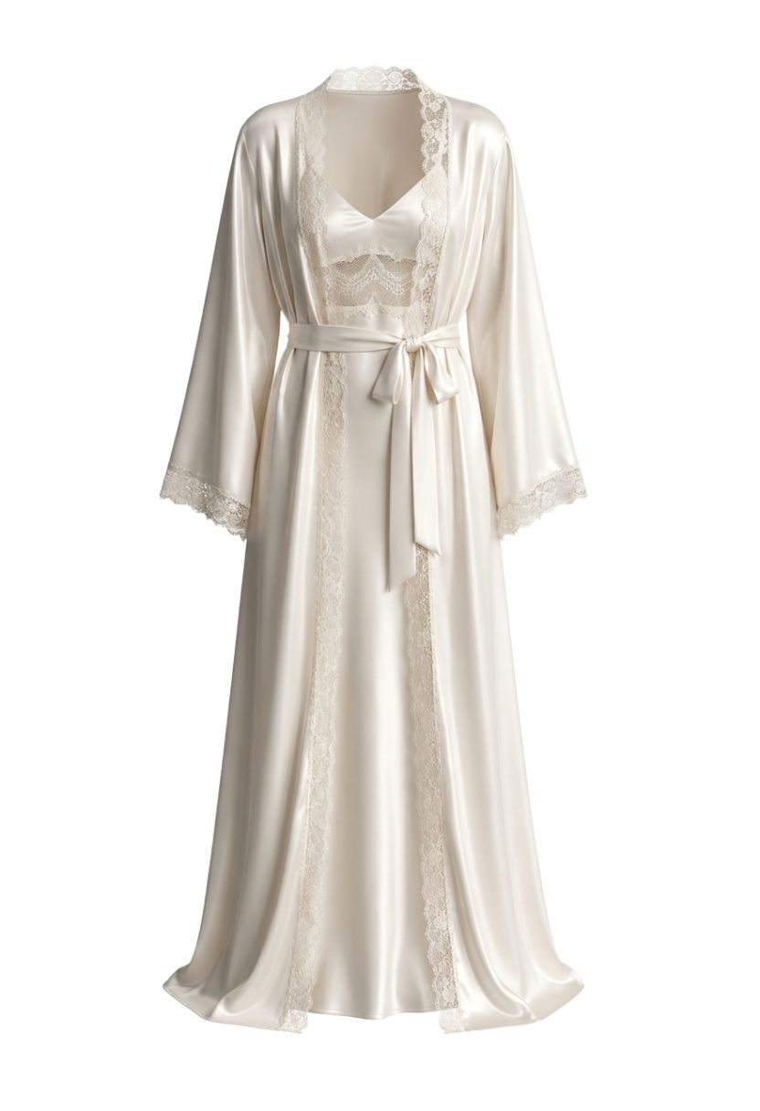 Adeline ivory satin robe with Adeline lace-trim satin nightgown, ghost mannequin front view