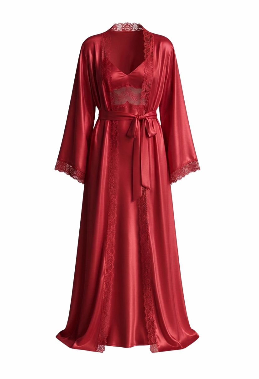 Adeline red satin robe with Adeline lace-trim satin nightgown, ghost mannequin front view
