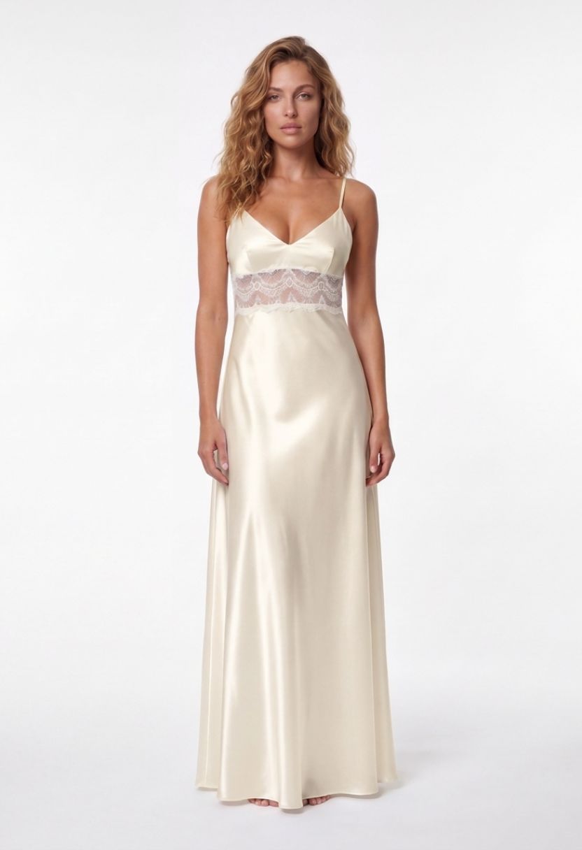Adeline Lace-Trim Satin Nightgown Ivory