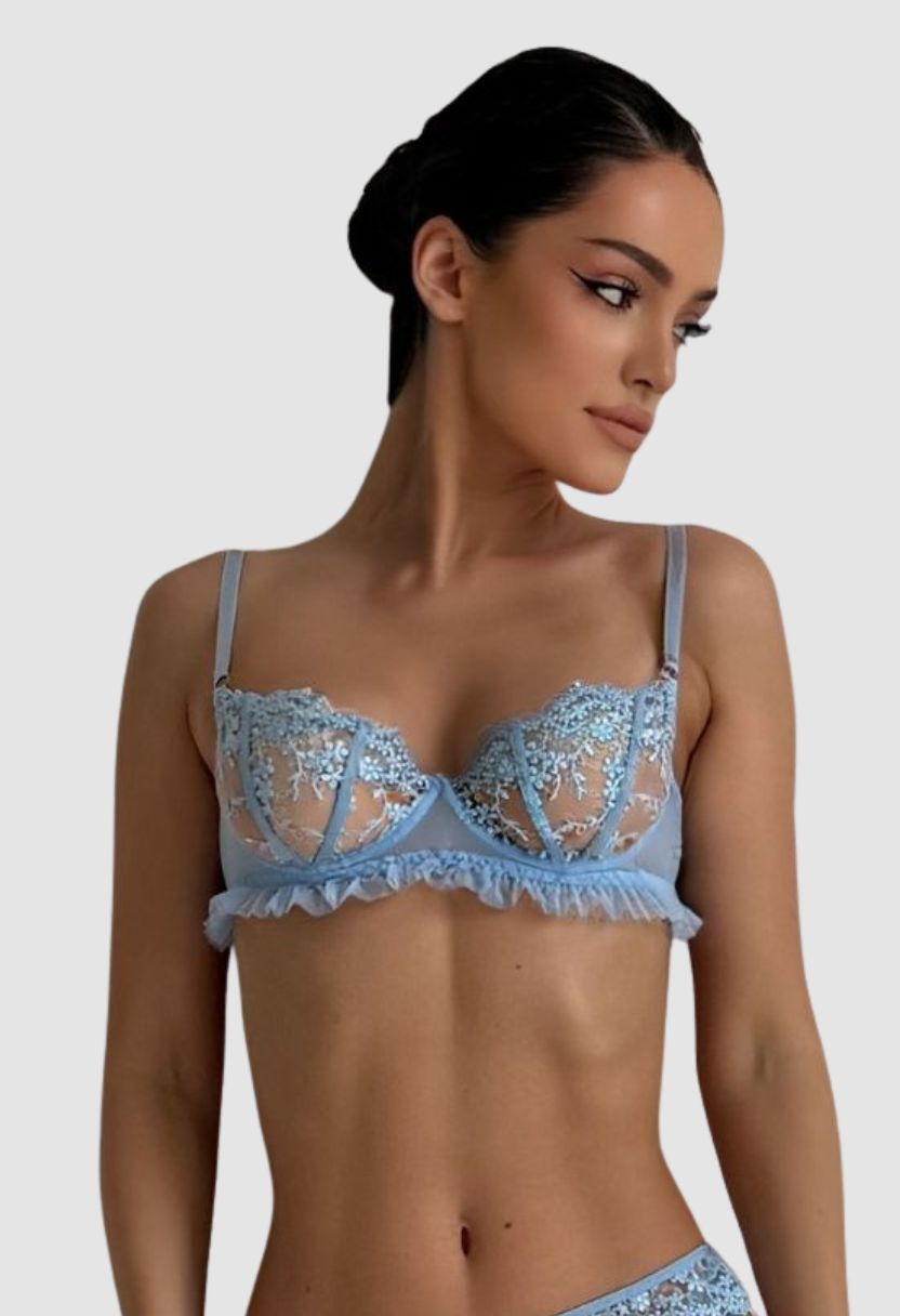 Alba sky blue embroidered balconette bra on model, front view