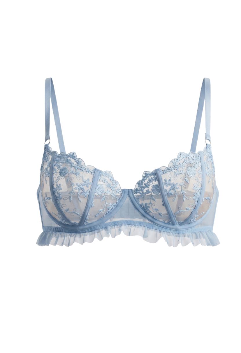 Alba sky blue embroidered balconette bra on ghost mannequin