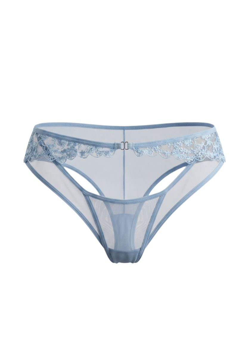 Alba sky blue sheer brief with lace waistband on ghost mannequin