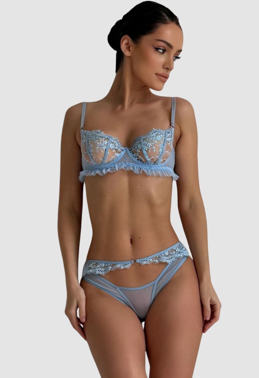 Alba sky blue embroidered balconette bra and brief set on model, front view