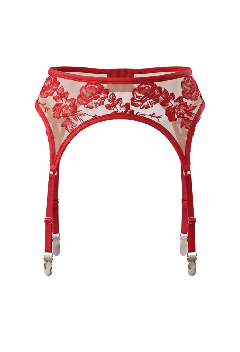 Alissia red garter belt with floral embroidery, product shot
