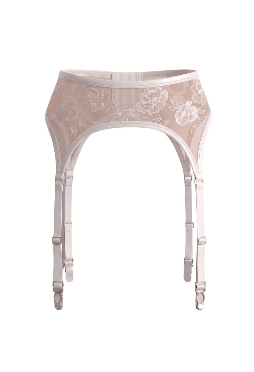 Alissia white garter belt with floral embroidery, product shot, front view