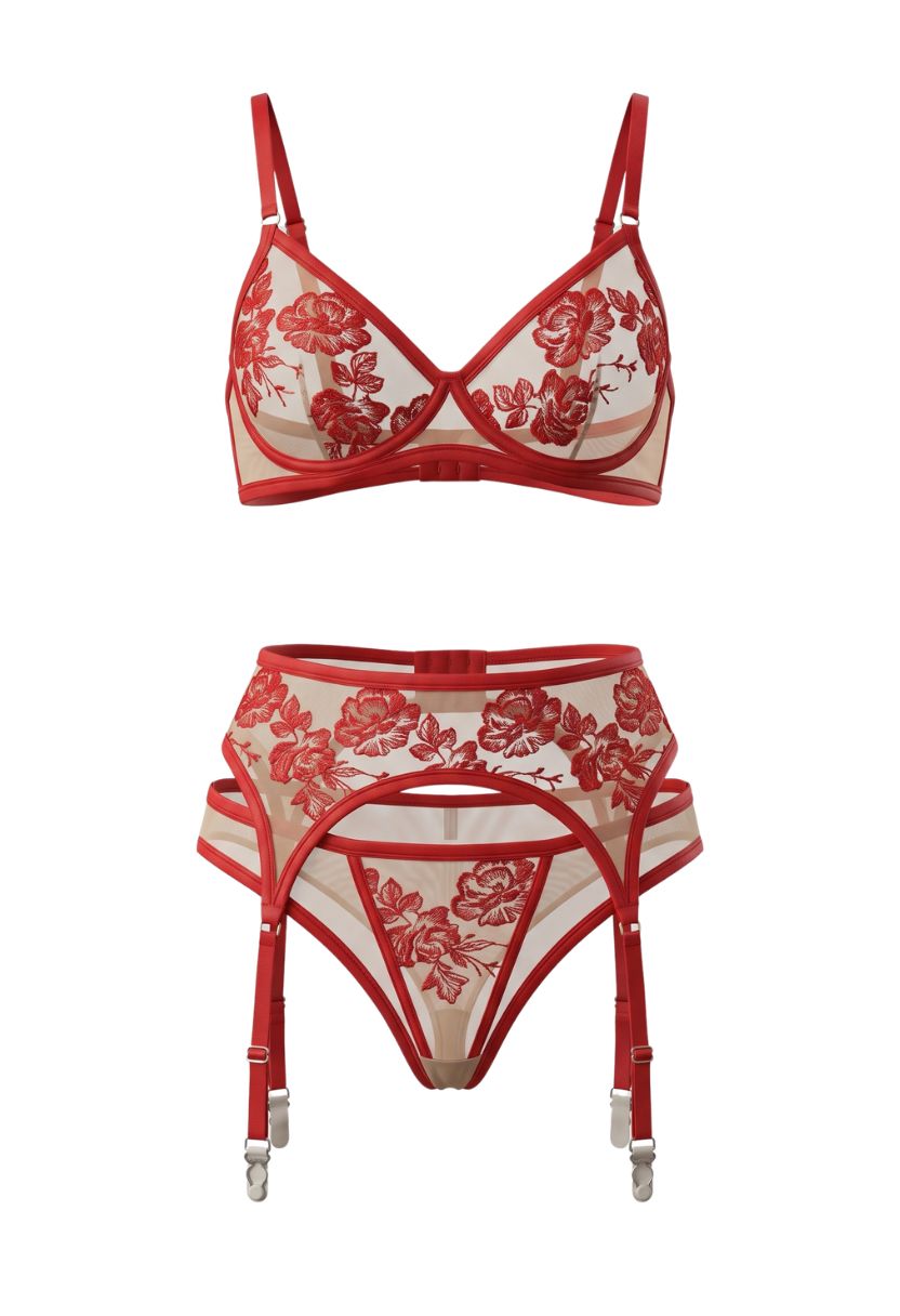 Alissia red bra, garter belt and panty set, product shot
