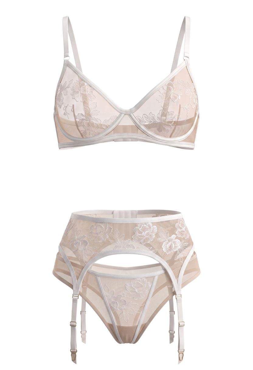Alissia white bra, garter belt and panty, product shot
