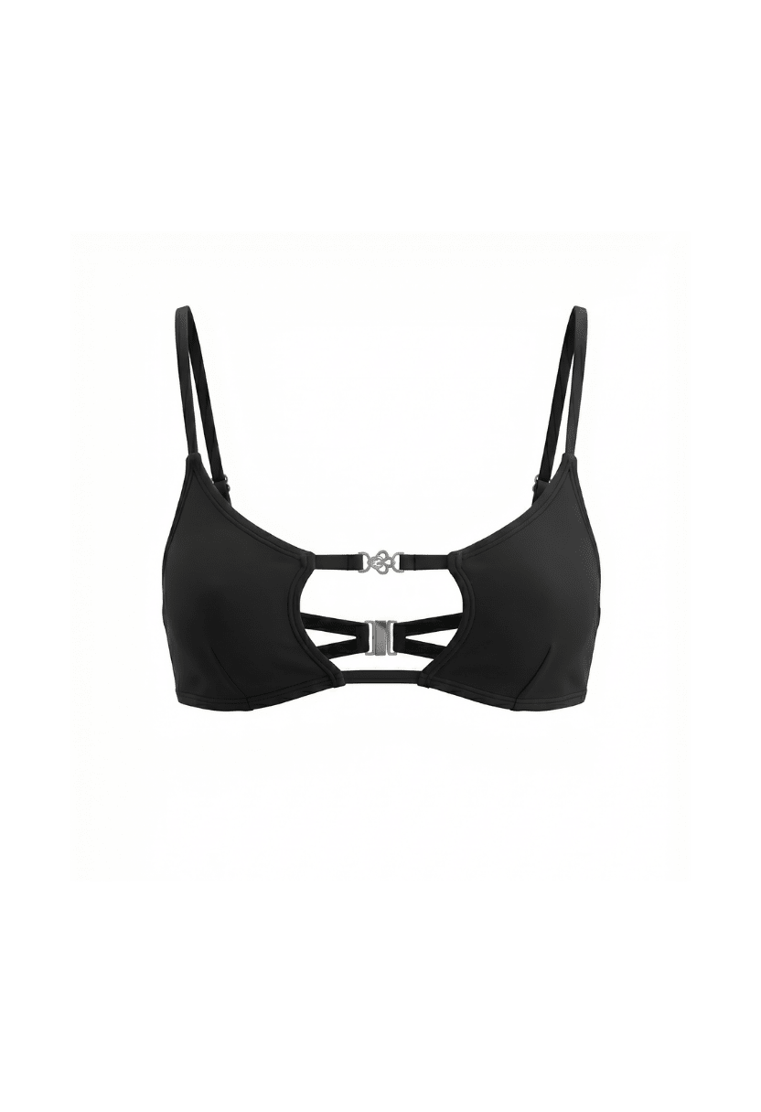 Amira black square cut-out bikini top with metal ring detail, flat lay