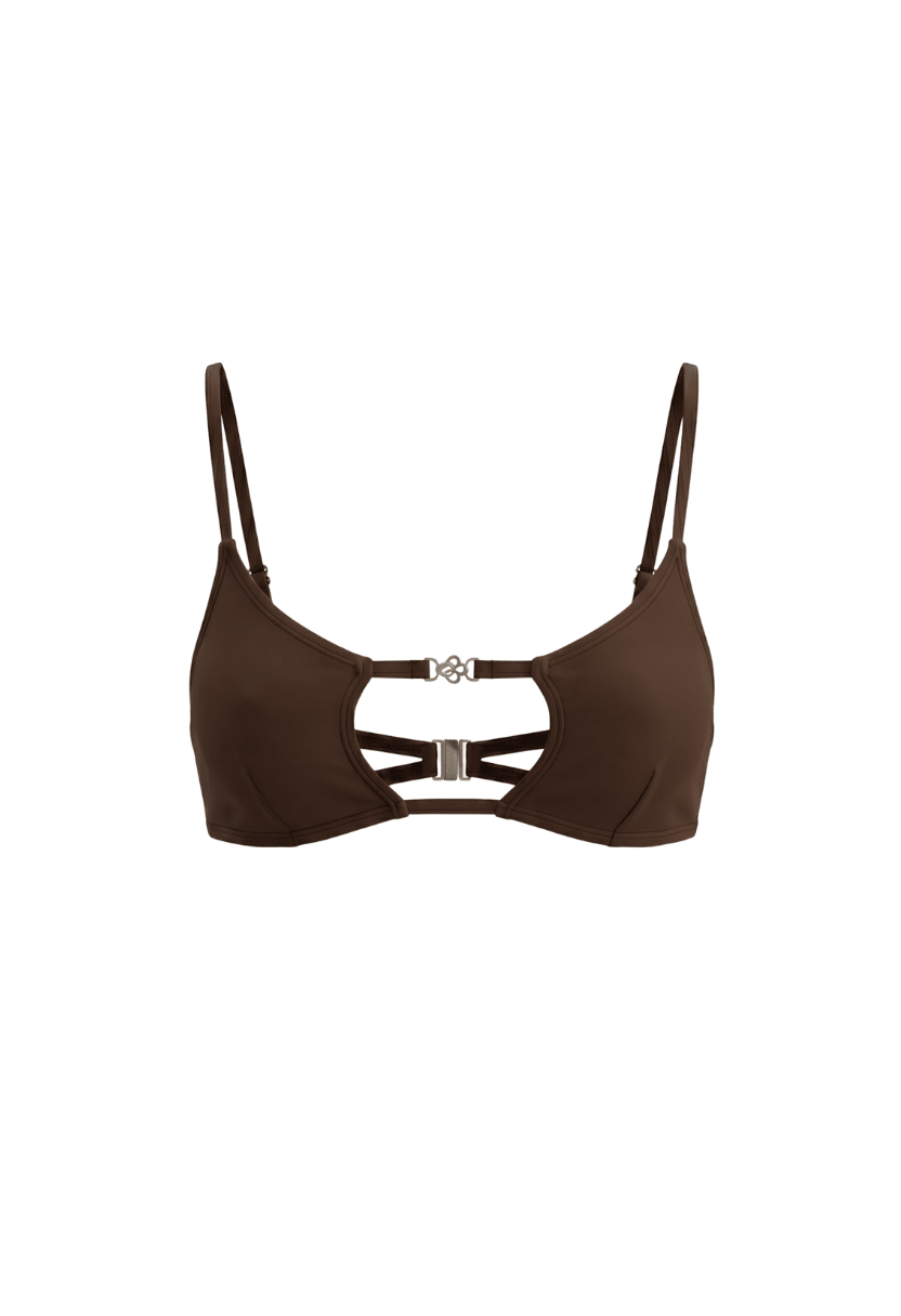 Brown square cut-out bikini top with metal ring detail flat lay