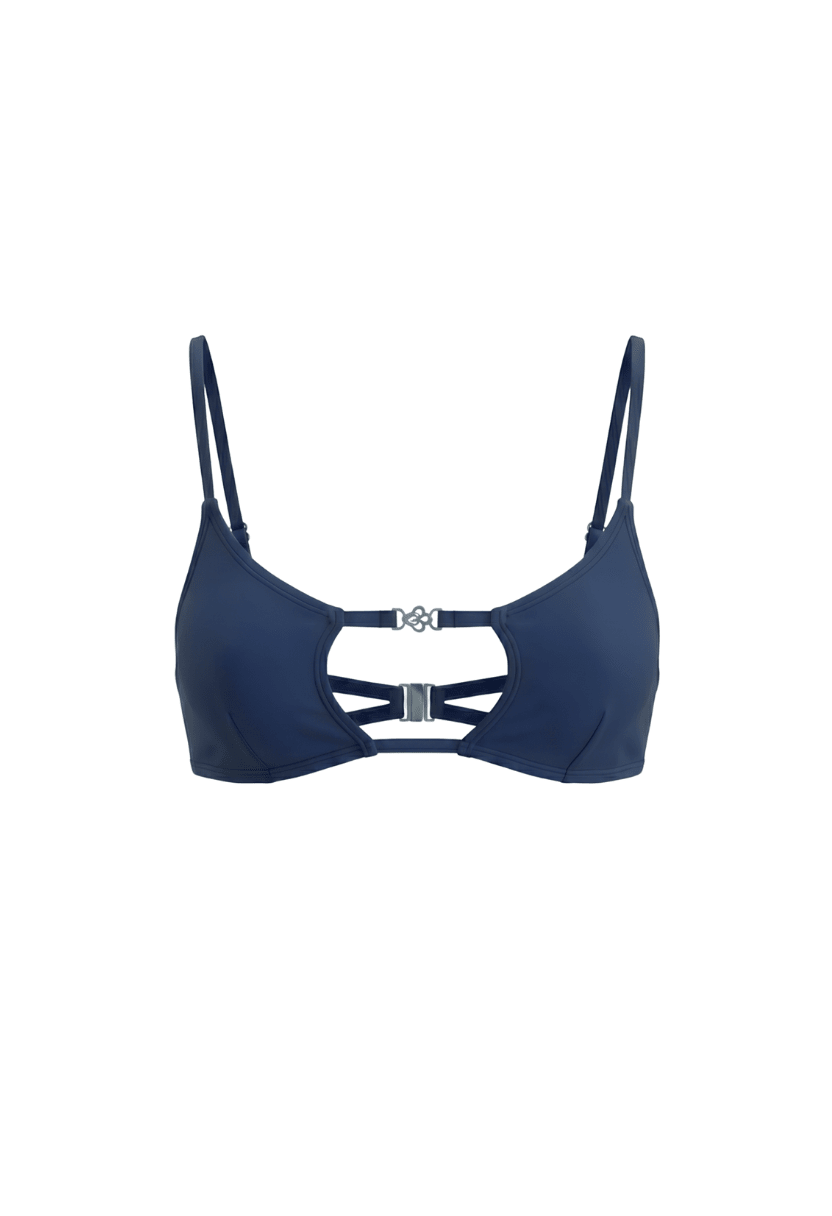 Amira navy square-cut bikini top with oval cut-out, flat lay