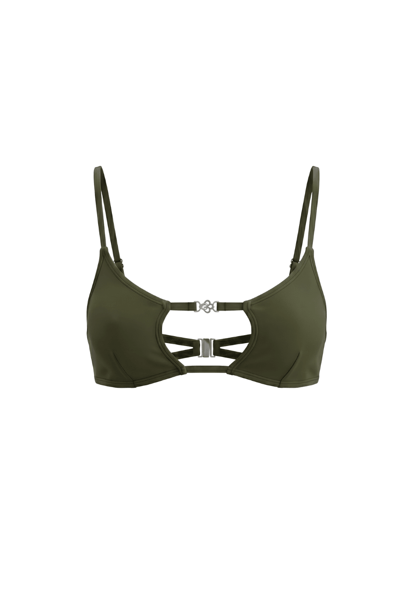 Amira olive square cut-out bikini top with metal ring detail, flat lay