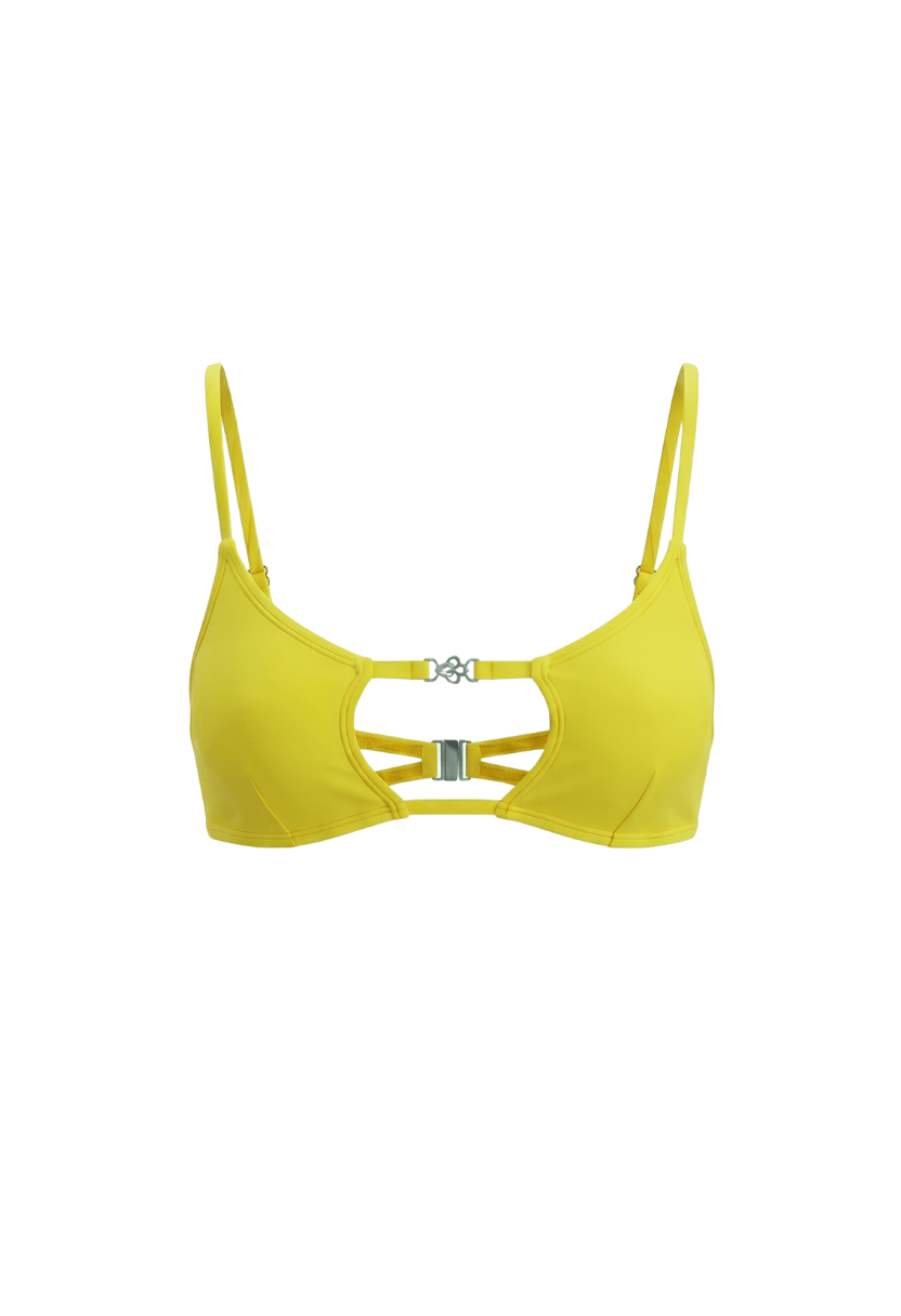 Amira yellow square cut-out bikini top with metal ring detail, flat lay