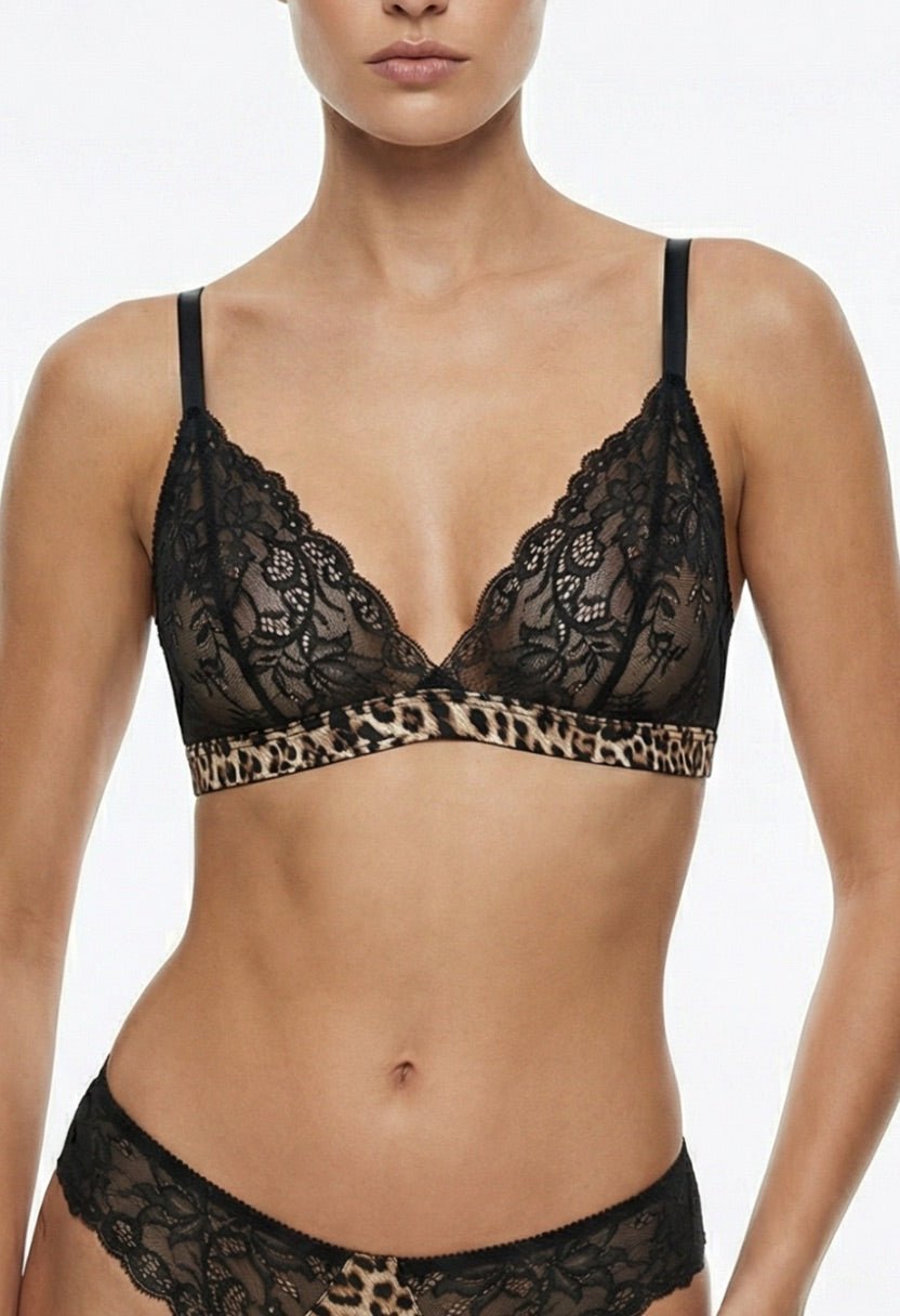 Animalique black lace plunge bralette with leopard satin trim on model, close-up