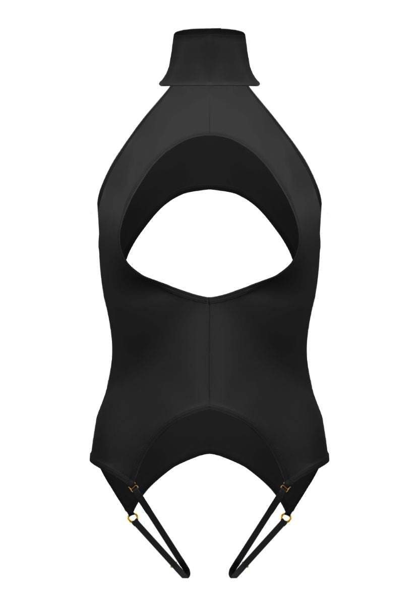 Bunny bodysuit black product shot, high-neck halter with open bust cut-out and leg straps