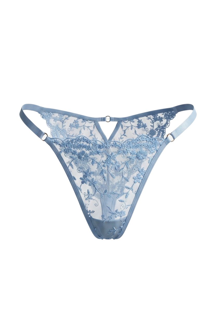 Celeste bikini sky blue ghost mannequin, vine-embroidered mesh, front view