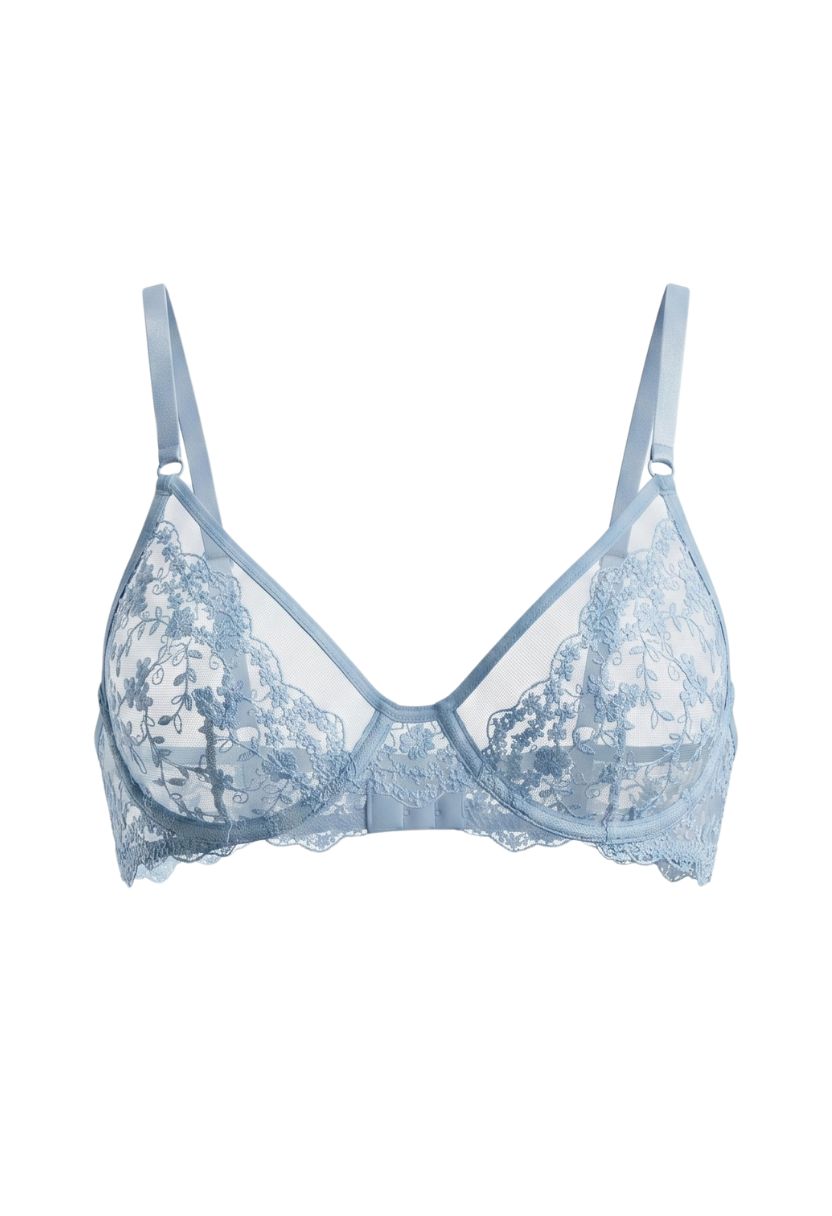 Celeste bra sky blue product shot, vine-embroidered mesh