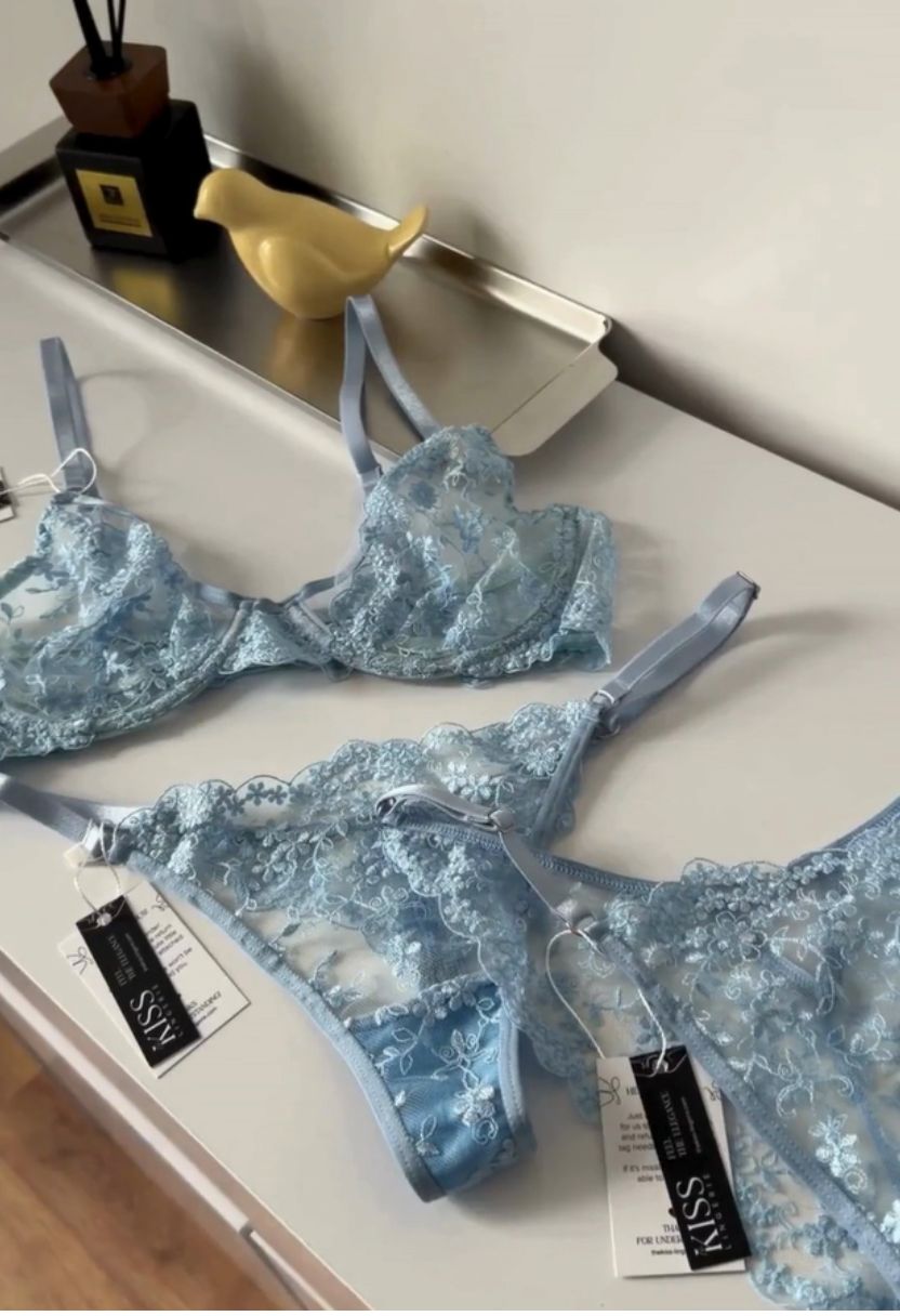 Celeste bra and thong sky blue flat lay