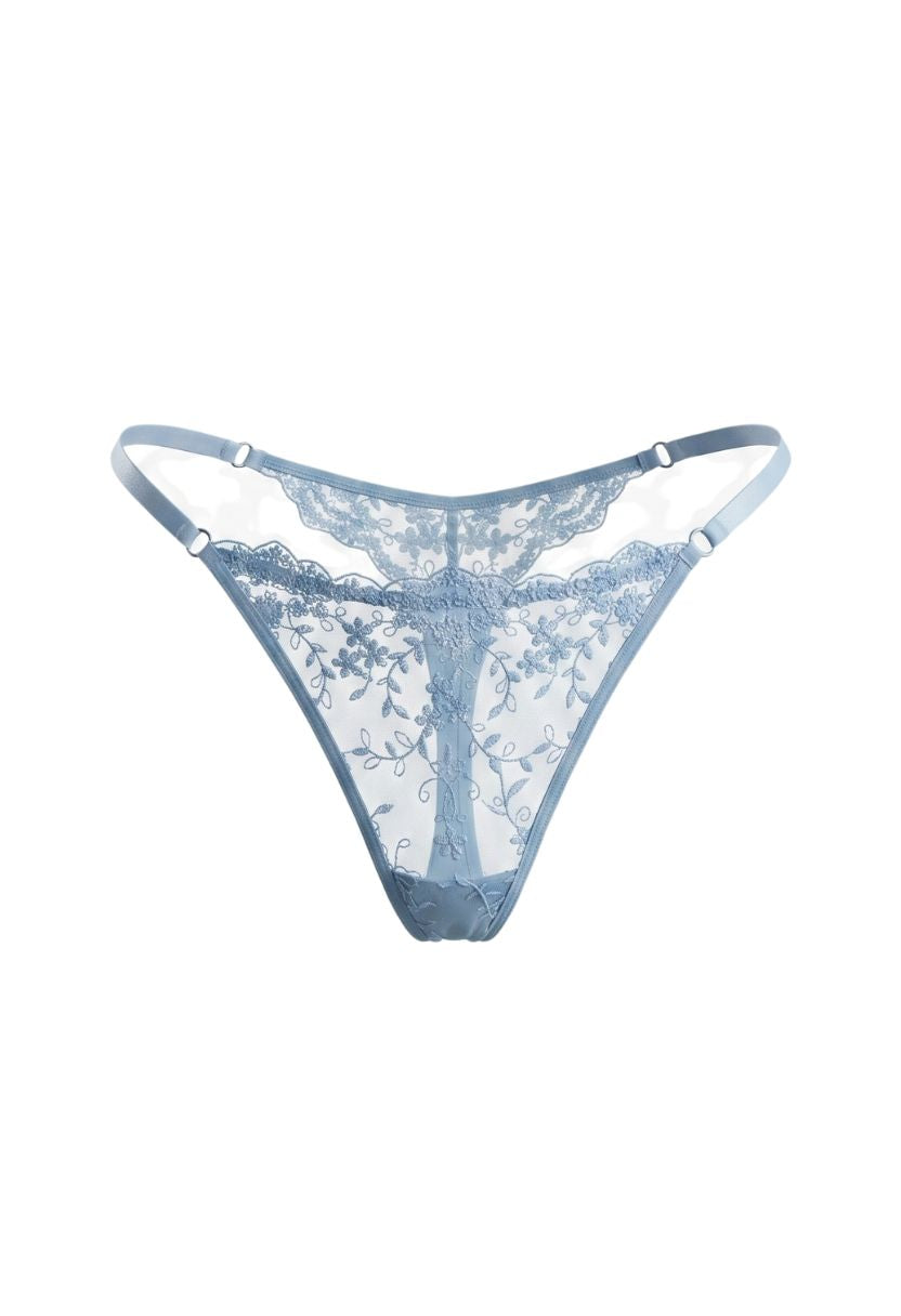 Celeste thong sky blue product shot, vine-embroidered mesh