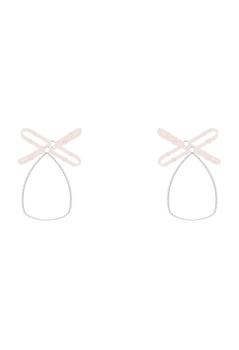 Peach chain leg garter pair, product shot, cross-strap design