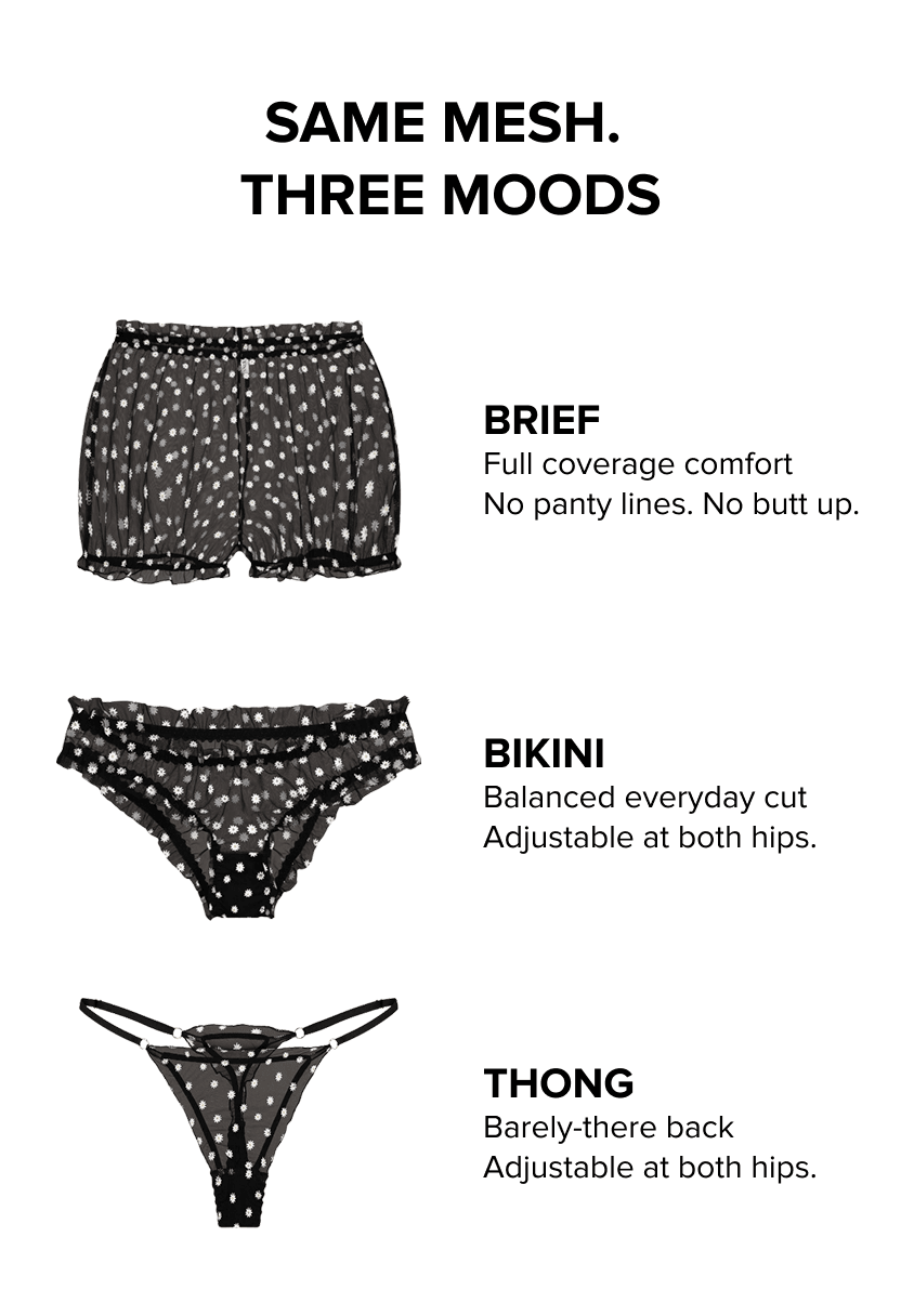 Chamomile Black Trio infographic showing brief, bikini and thong styles