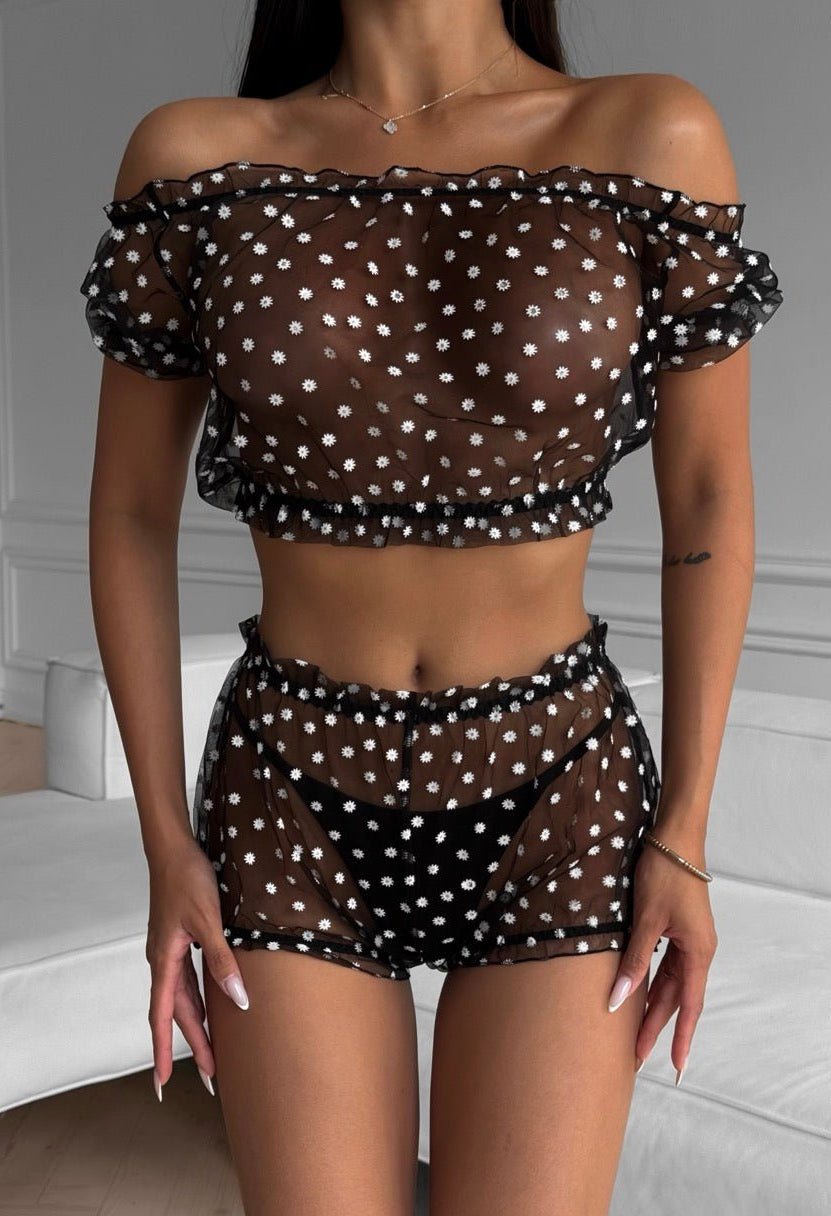 Chamomile black daisy-appliqué mesh short sleeve top and shorts on model, front view