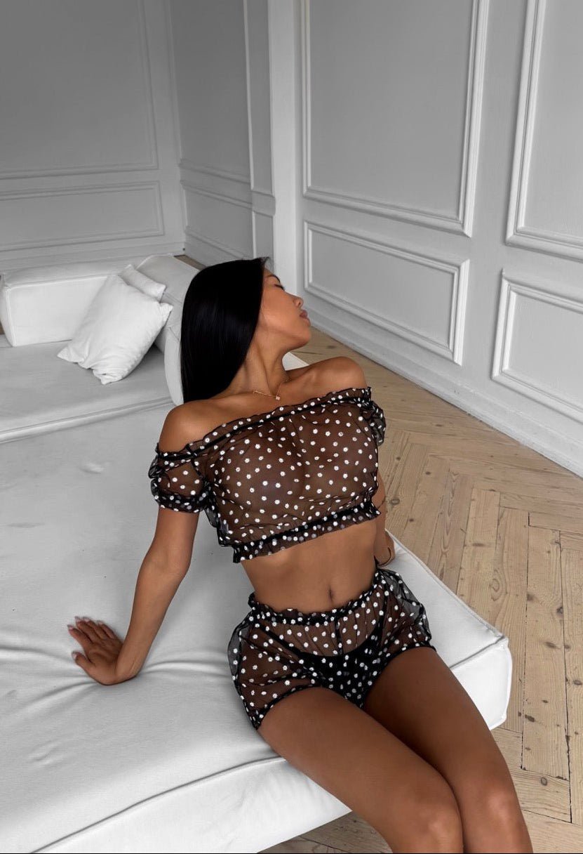 Chamomile black daisy-appliqué mesh short sleeve top and shorts on model