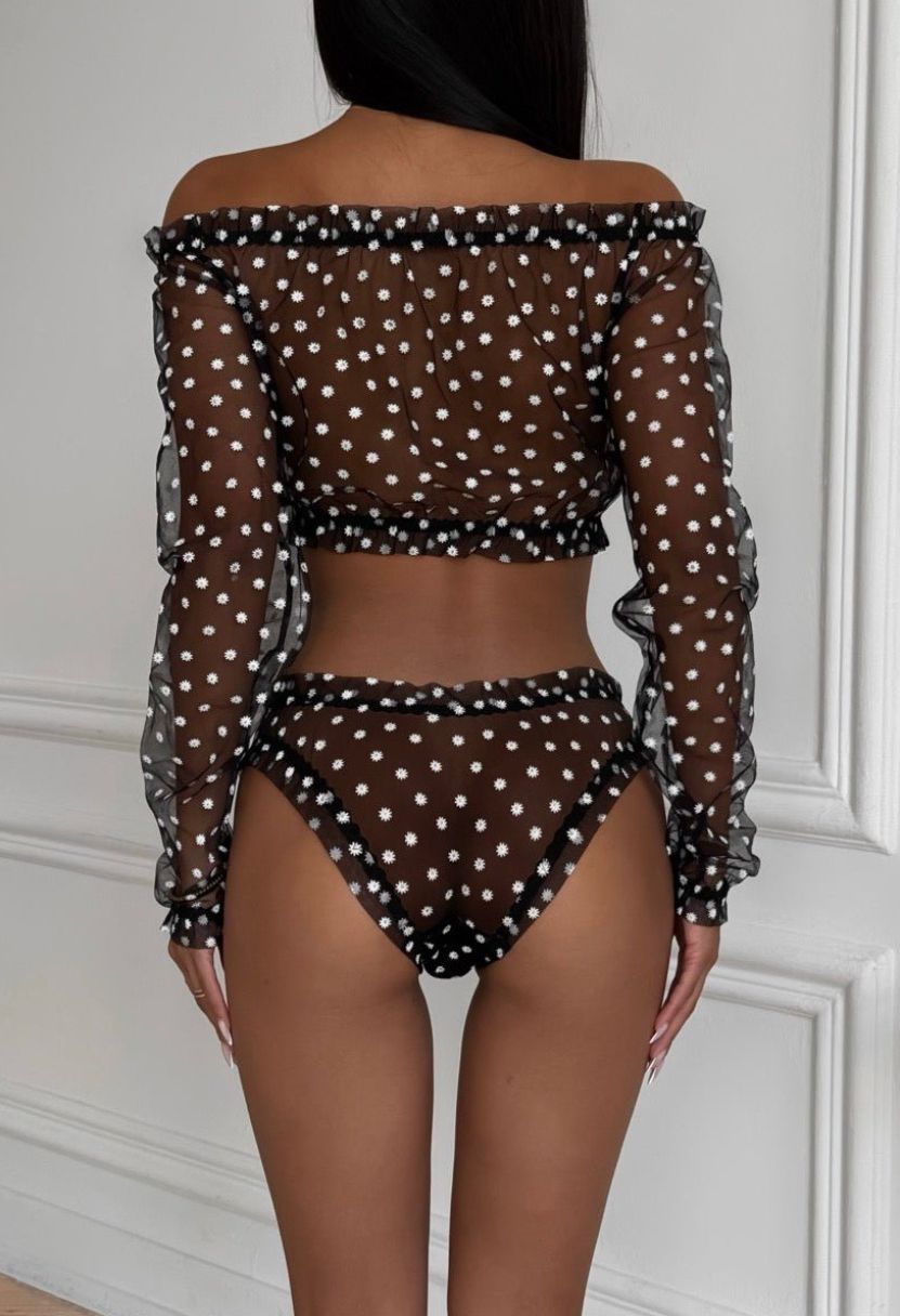Chamomile black daisy-mesh long sleeve set on model, back view of top and brief