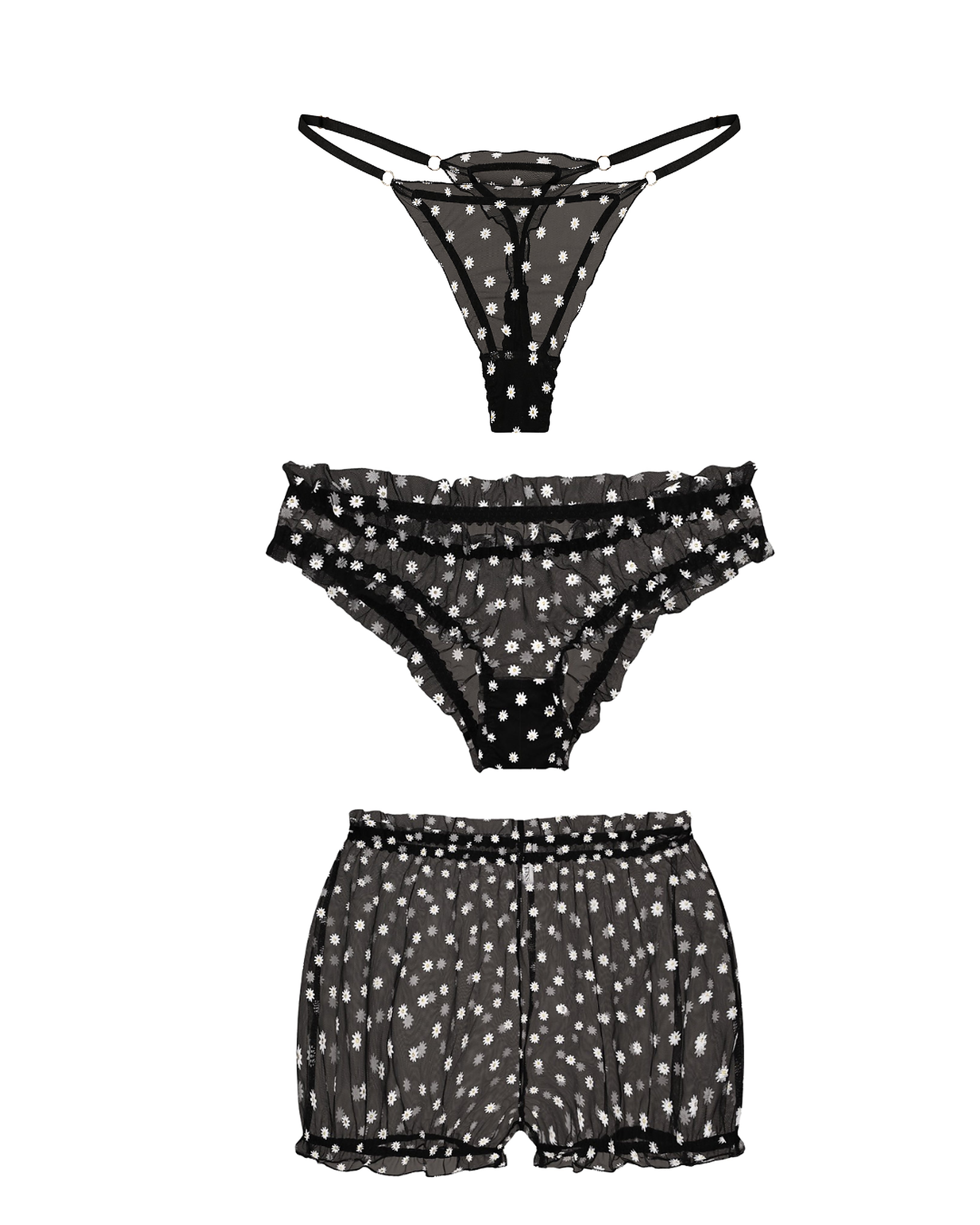 Chamomile black daisy-appliqué mesh thong, brief, and shorts, Black Trio pack on ghost mannequin