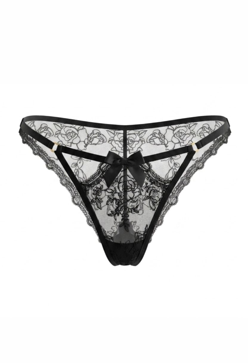 Cleo black rose lace bikini panty with satin bow, flat lay
