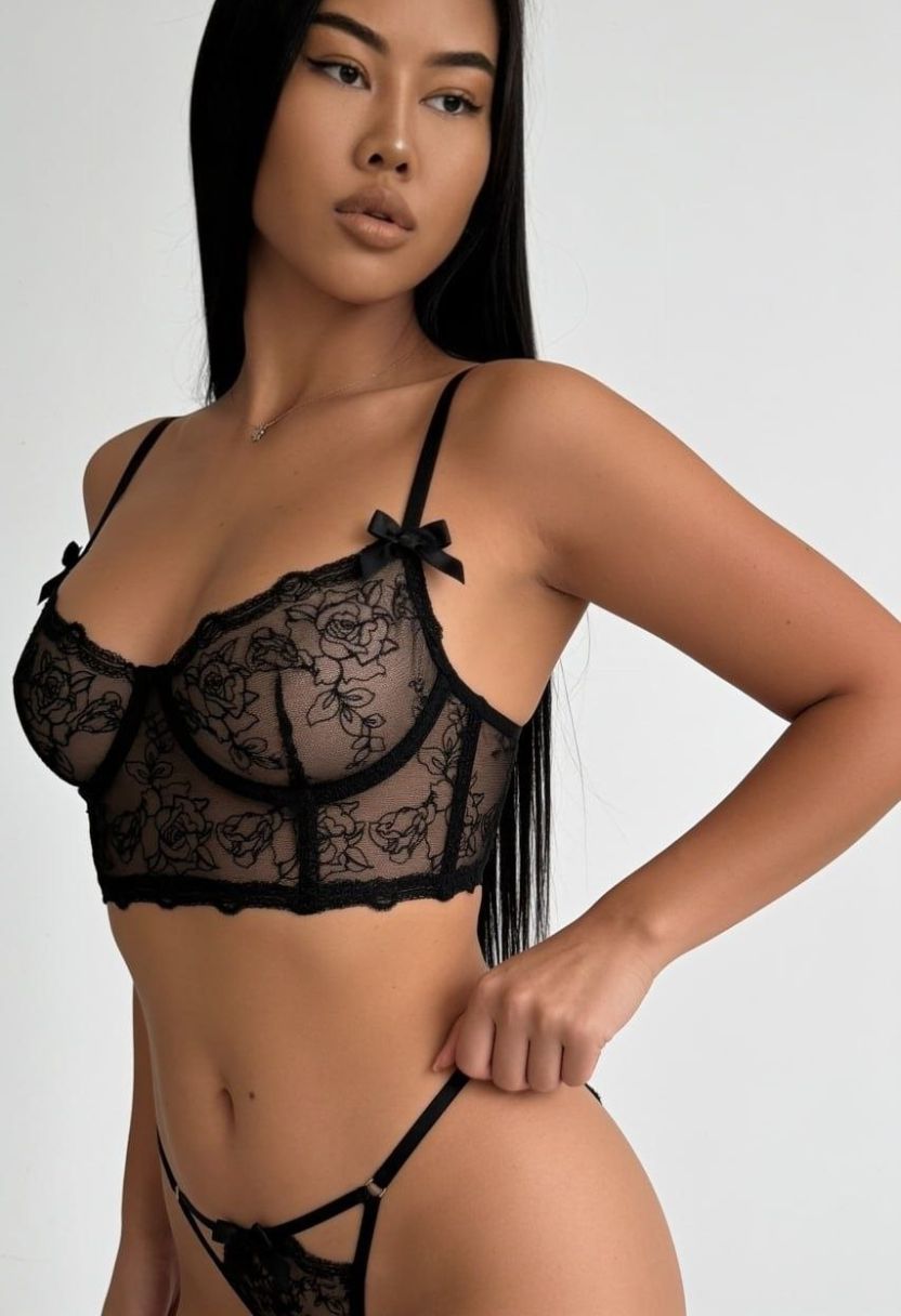 Cleo black longline lace bra on model, angled front view