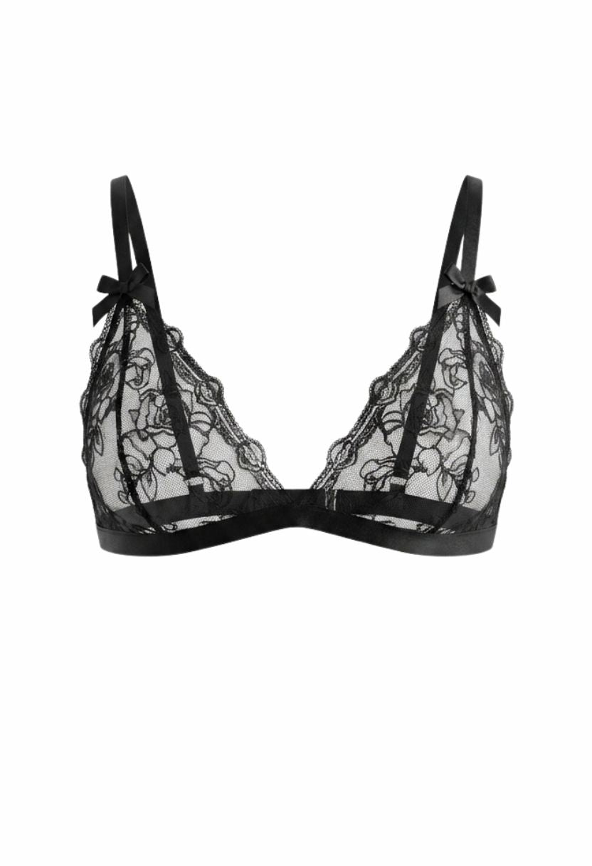 Cleo black rose lace bralette with satin bow straps, flat lay