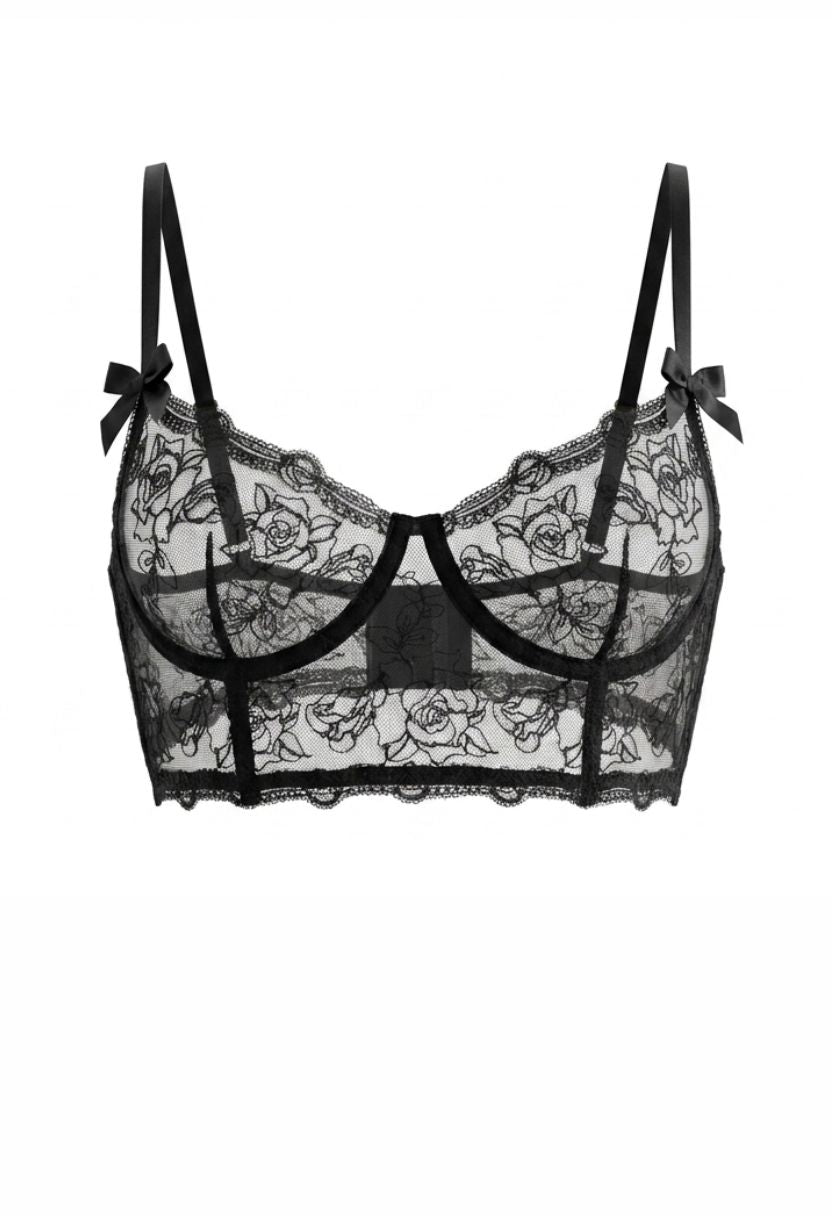 Cleo black longline bra with rose lace and satin bow straps, flat lay