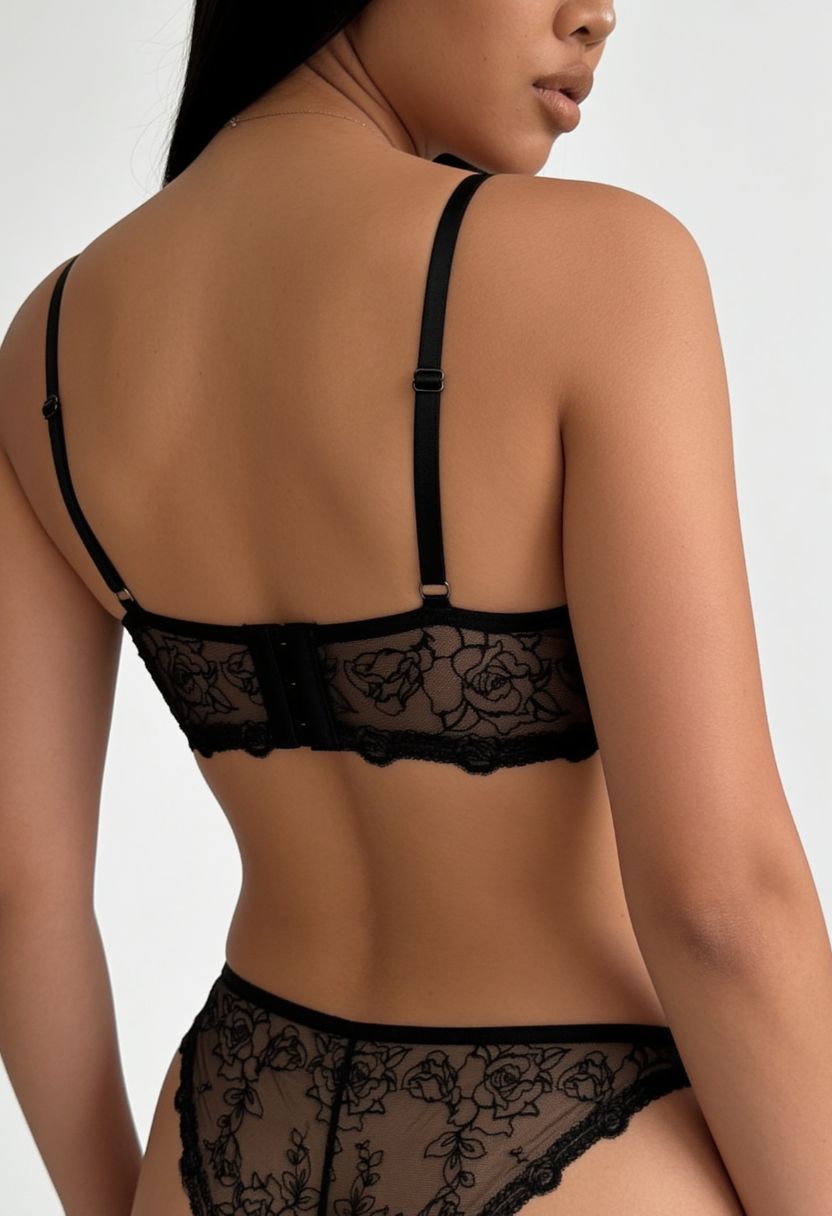 Cleo black rose-lace longline bra and thong on model, back view