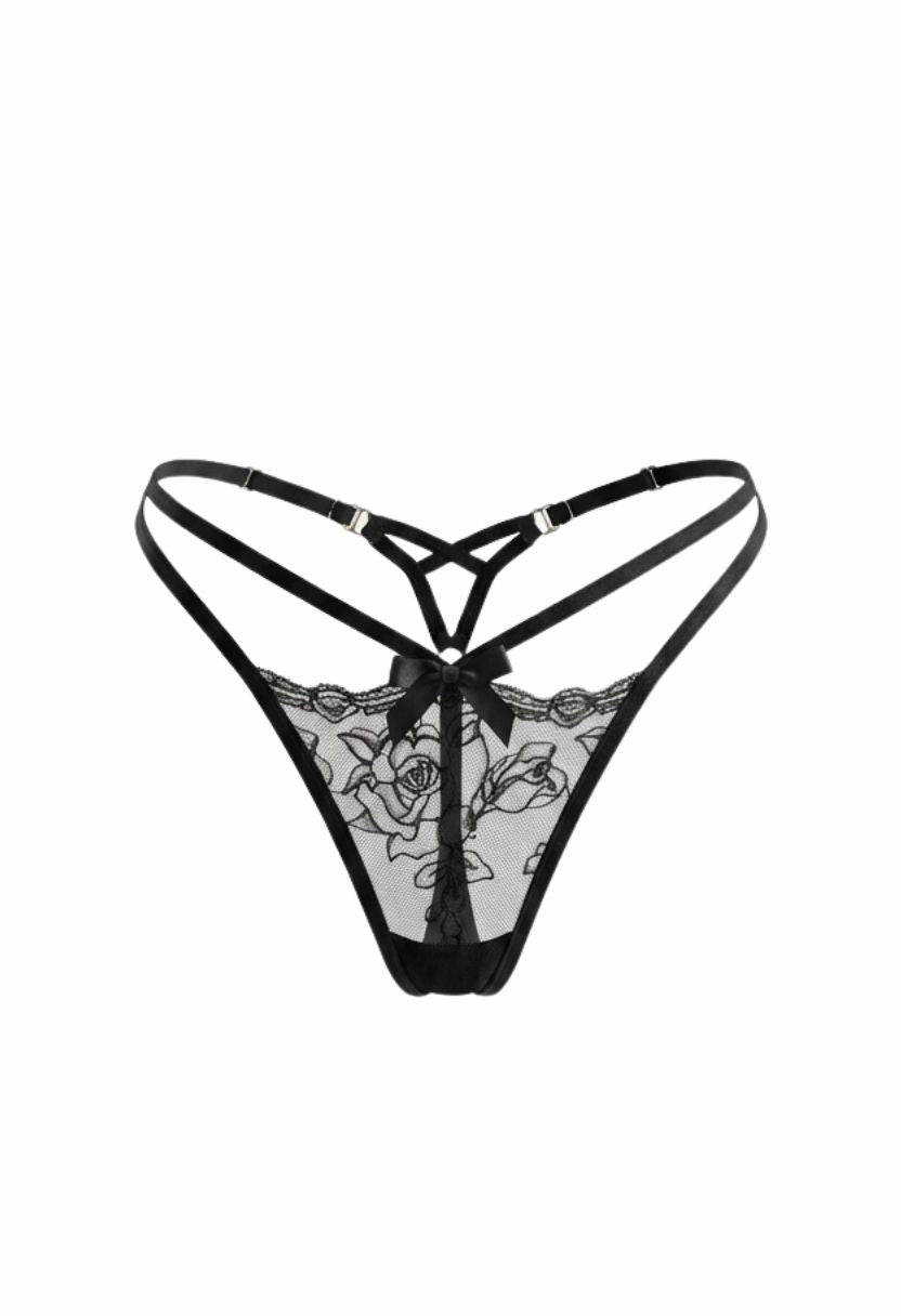 Cleo black rose lace V-string panty with strappy front and bow detail, flat lay